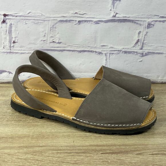 Spanish Sandal Co. Grey Sandals 40 US 9.5 Nubuck Leather Avarcas Peep Toe Flats - Picture 1 of 8